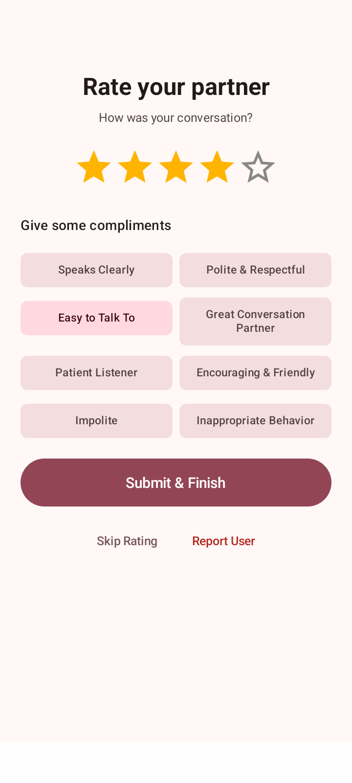 Ratings & Compliments Screen Screenshot